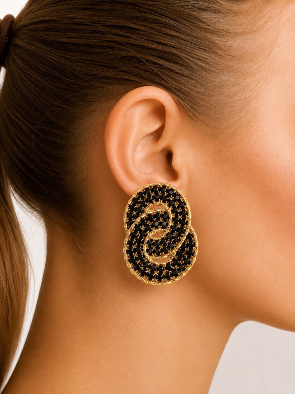 Statement Black Crystal Earrings Gold Tone Oval Stud Chunky Elegant Earrings